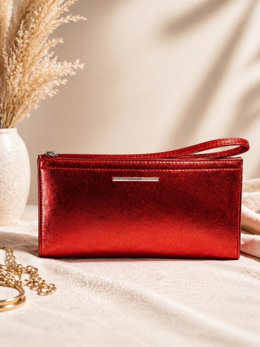 Clinique Red Wristlet Clutch Zip Pouch Evening Bag